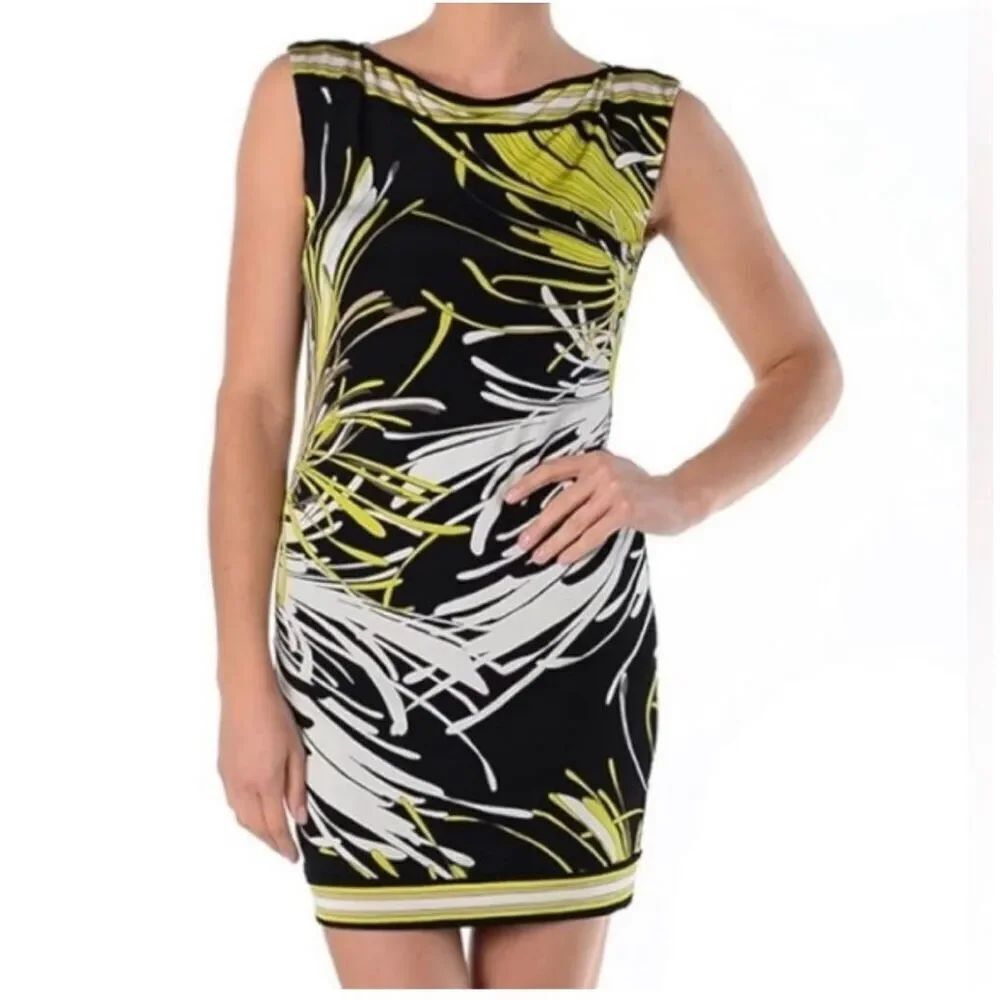 Trina Turk Felana Spider Mum Jersey Black & Yellow Sleeveless Dress sz 2 EUC